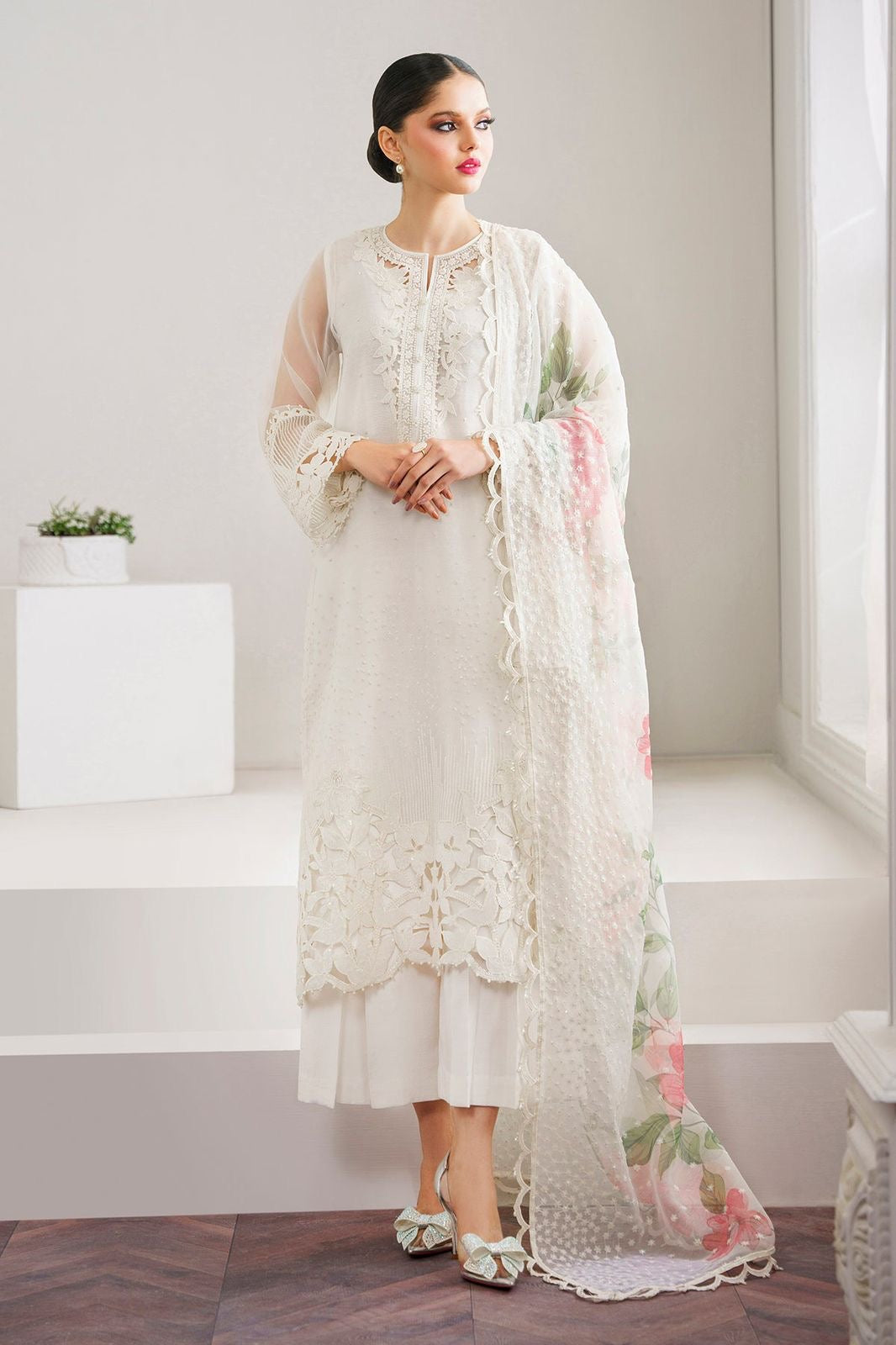 White Formal Organza Unstiched 3 Piece Dress - WQ-24