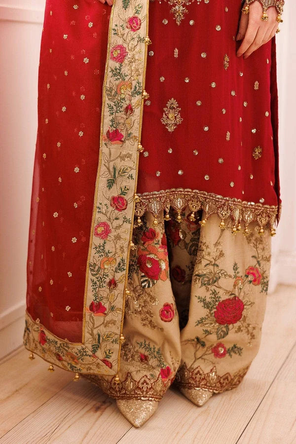 Red Chiffon Embroidered 3 Piece Unstitched Suit - Party Wear