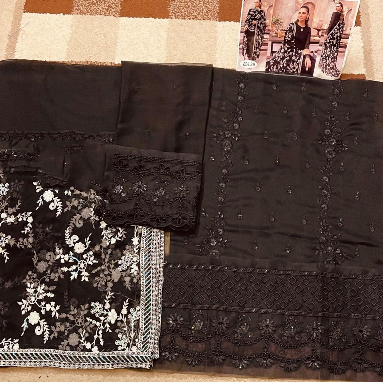 Black Chiffon 3 Piece Unstitched Suit-Party Wear
