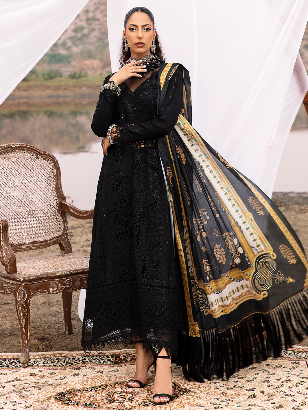 Black Luxury Chicken Kari Embroidered Lawn Dress 3 piece Unstitched Dress
