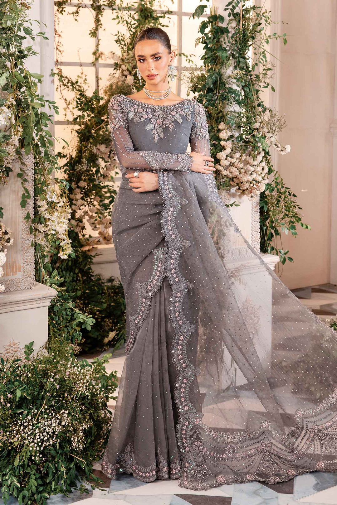 Luxury 3D Handwork Heavy Embroidered NET Bridal Saree