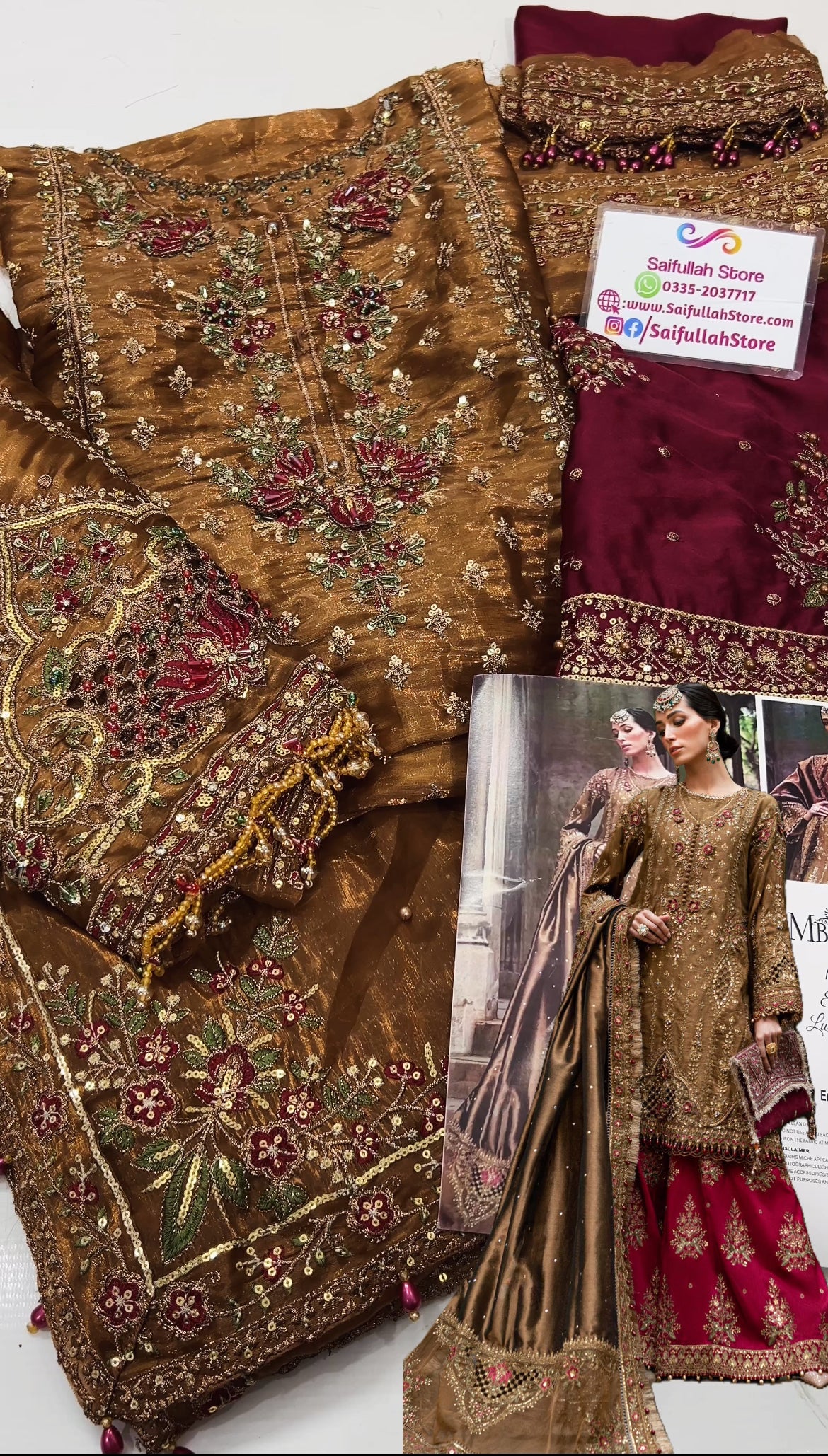 Tambaku Brown Embroidered Shesha Silk Unstitched 3Pc Suit WF-09-04