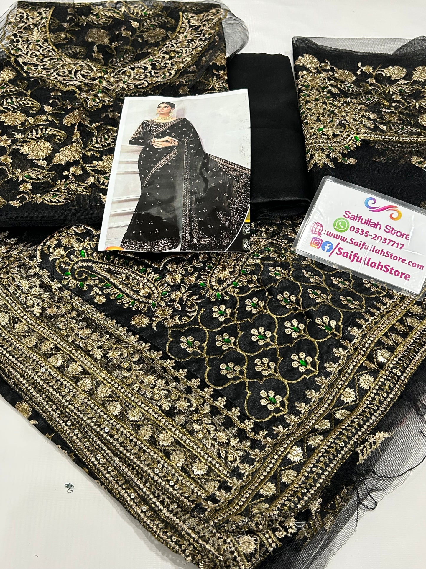 Black Embroidered Unstitched Net Saree - Party Wear