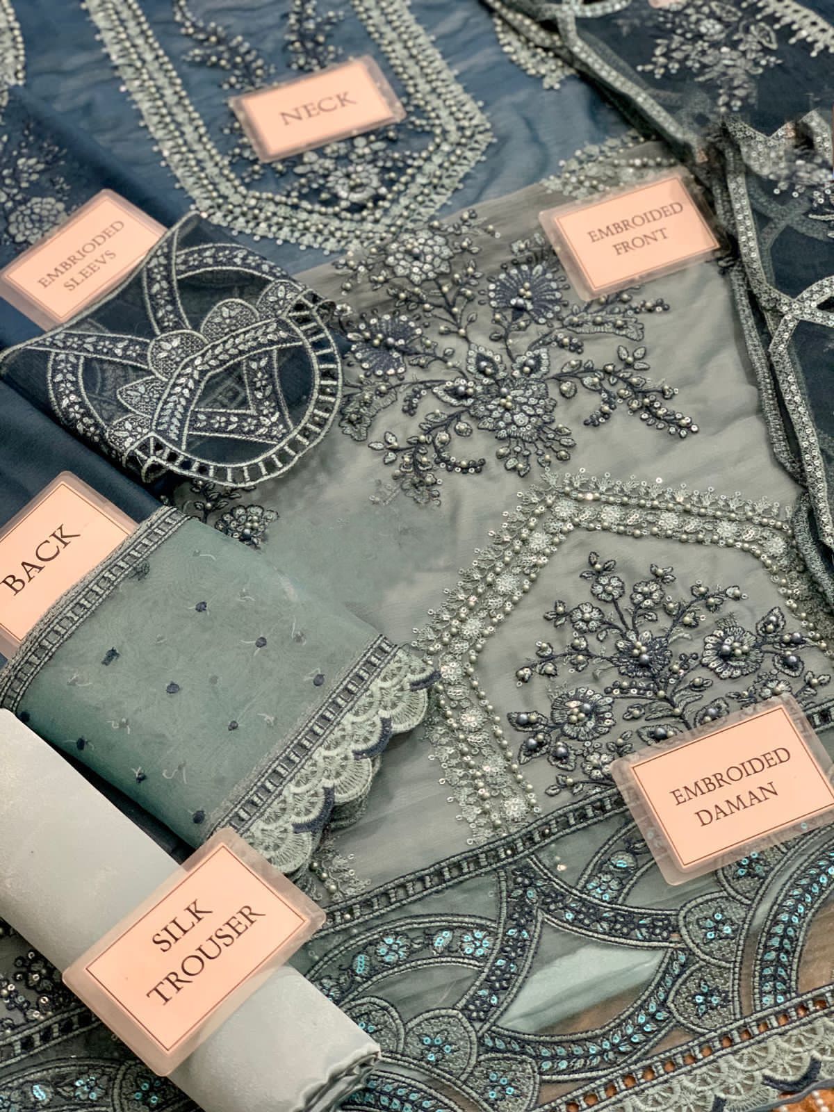 Teal Blue Chiffon Embroidered 3 Piece Unstitched Dress -Party Wear