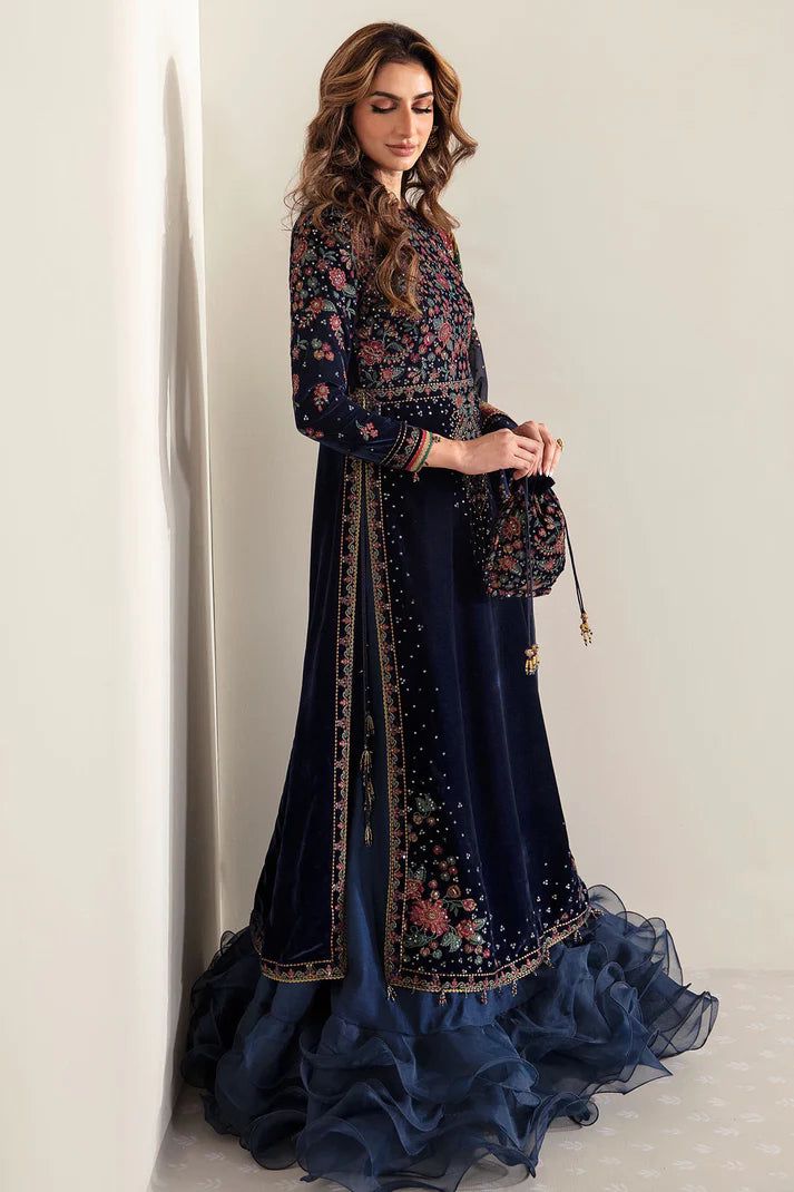 Blue Velvet Embroidered Unstitched 3 Piece Suit-Party Wear