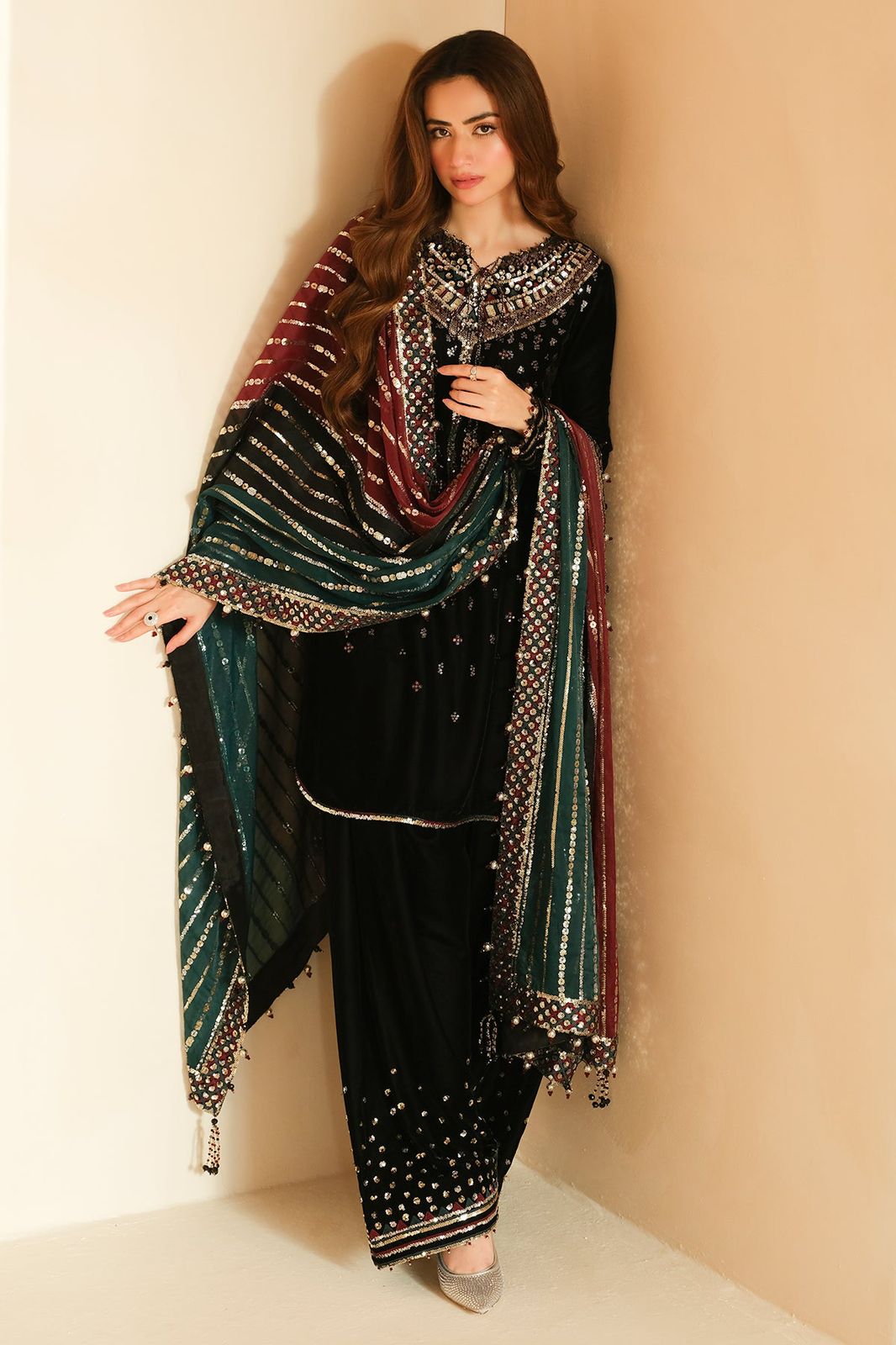 Embroidered black Multi Dupatta Luxury Velvet Dress Unstiched 3 Piece