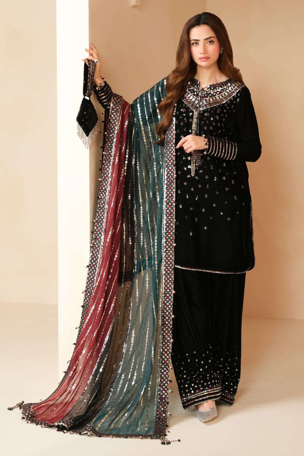 Embroidered black Multi Dupatta Luxury Velvet Dress Unstiched 3 Piece