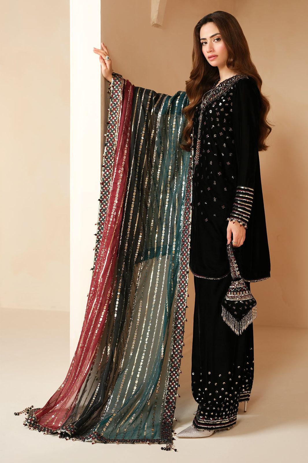Embroidered black Multi Dupatta Luxury Velvet Dress Unstiched 3 Piece