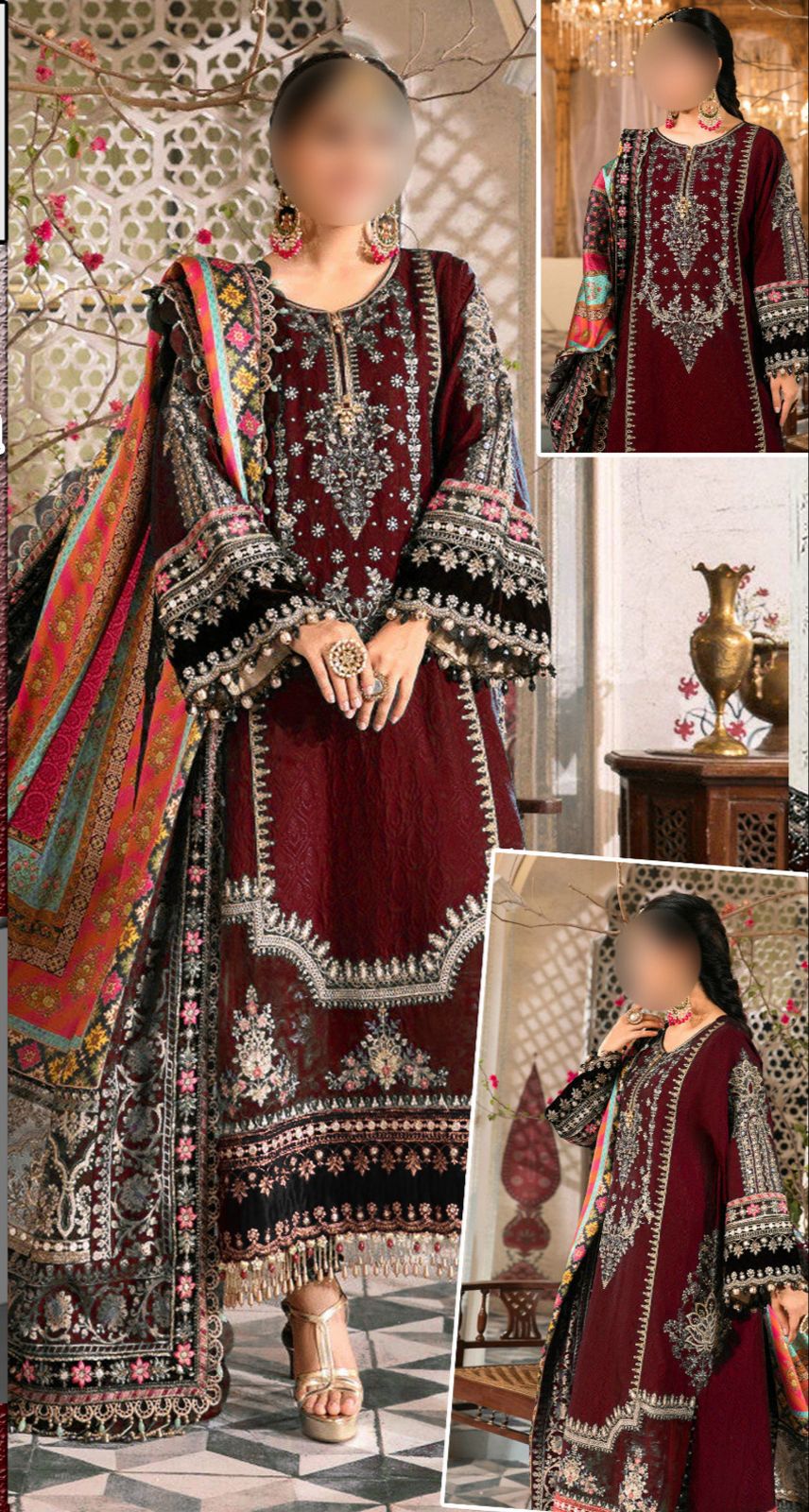 Mehroon Embroidered Unstitched 3 Piece Chiffon Suit - Party Wear