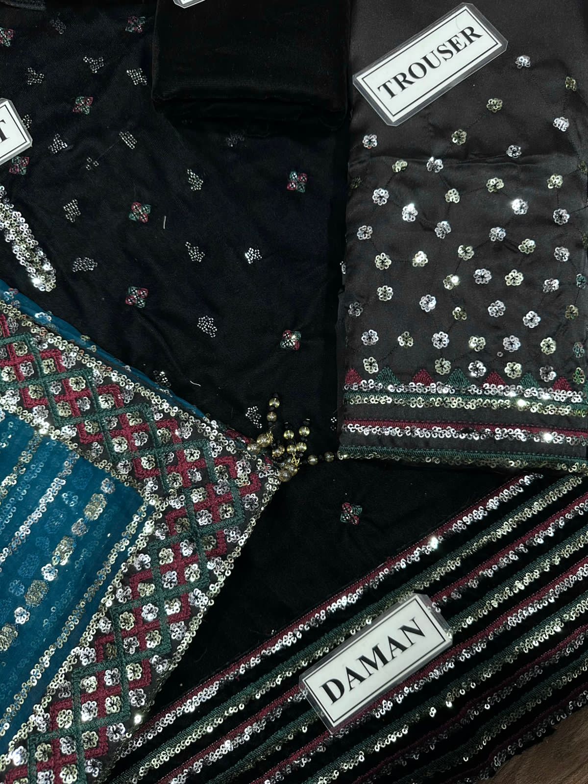 Embroidered black Multi Dupatta Luxury Velvet Dress Unstiched 3 Piece