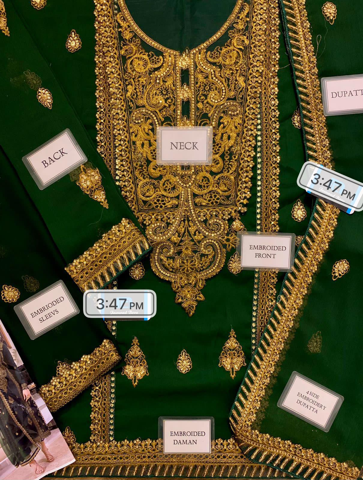 Green Embroidered Chiffon 3 Piece Unstitched Suit AJRNC-D18- Party Wear