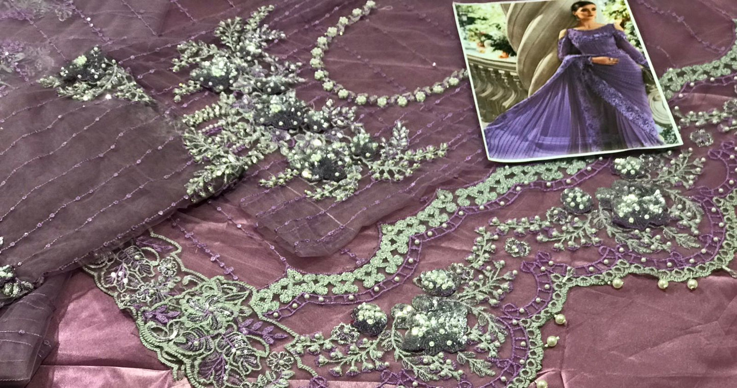 Luxury Unstitched Net Embroidered Saree Purple -BD-2801- Party Wear