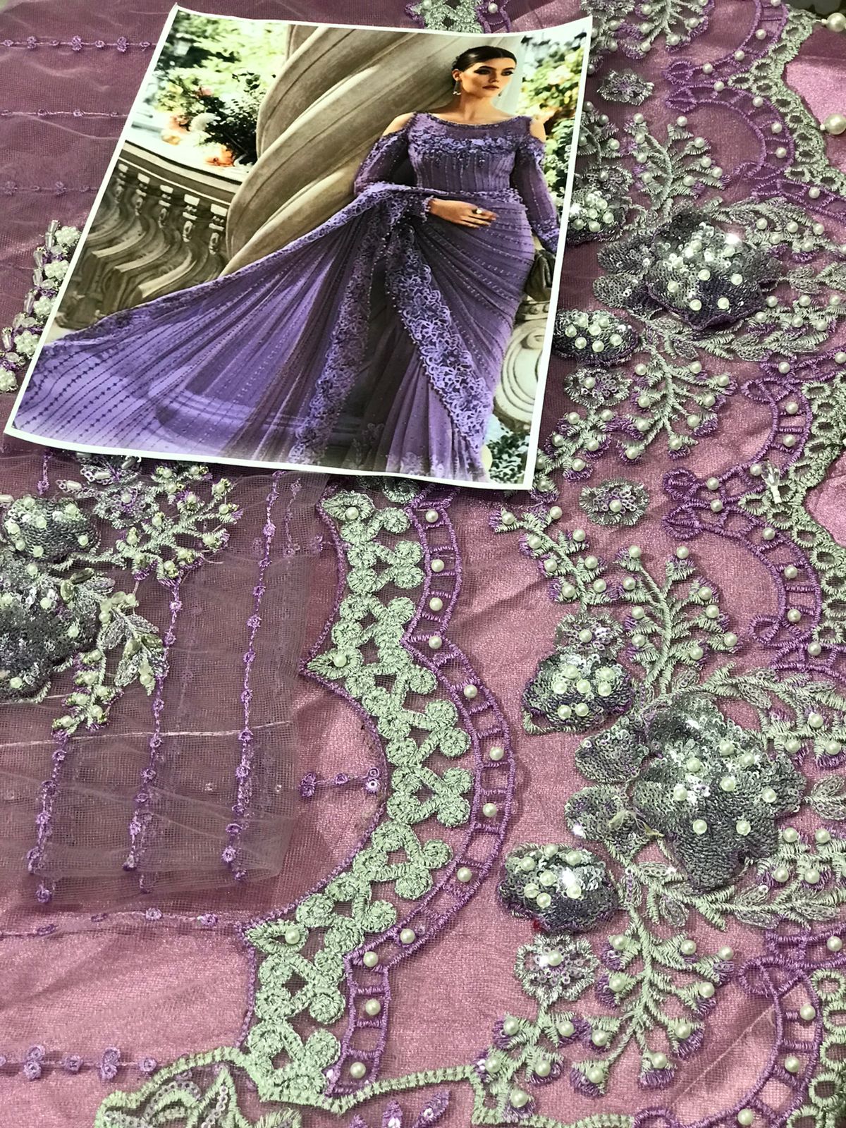 Luxury Unstitched Net Embroidered Saree Purple -BD-2801- Party Wear