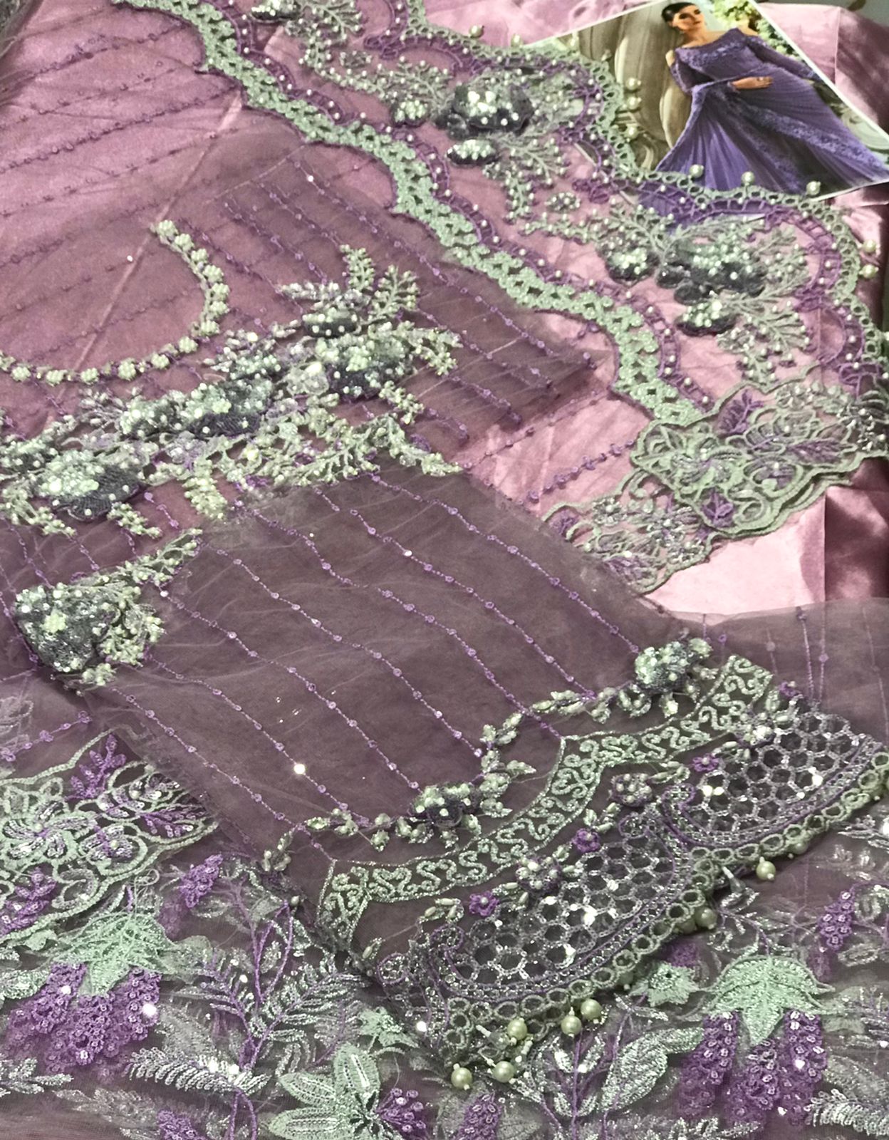 Luxury Unstitched Net Embroidered Saree Purple -BD-2801- Party Wear