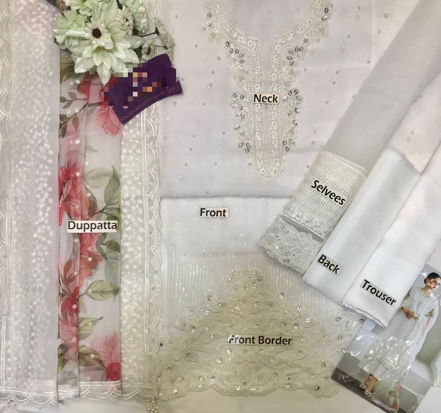 White Formal Organza Unstiched 3 Piece Dress - WQ-24