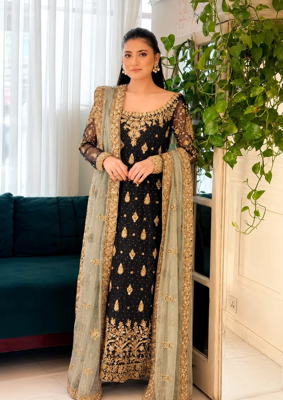 Bridal HandWork Black Chiffon Embroidered 3 Piece Unstitched Dress - Party Wear