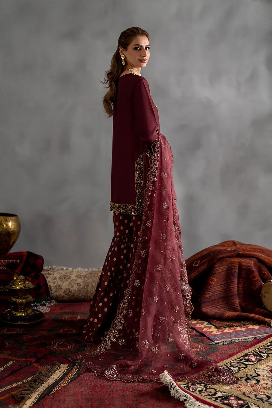 Mehroon Embroidered Chiffon 3 Piece Unstitched Suit