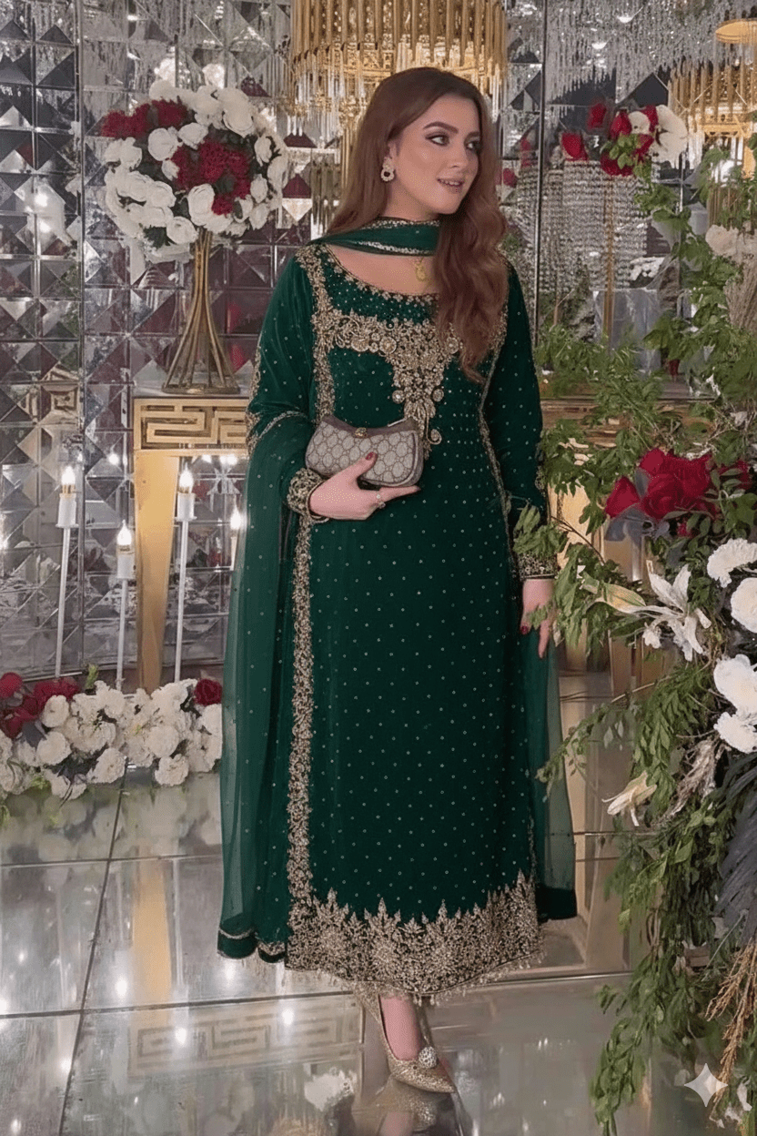 Green Luxury Velvet Suit 3 Piece Unstitched - ANL