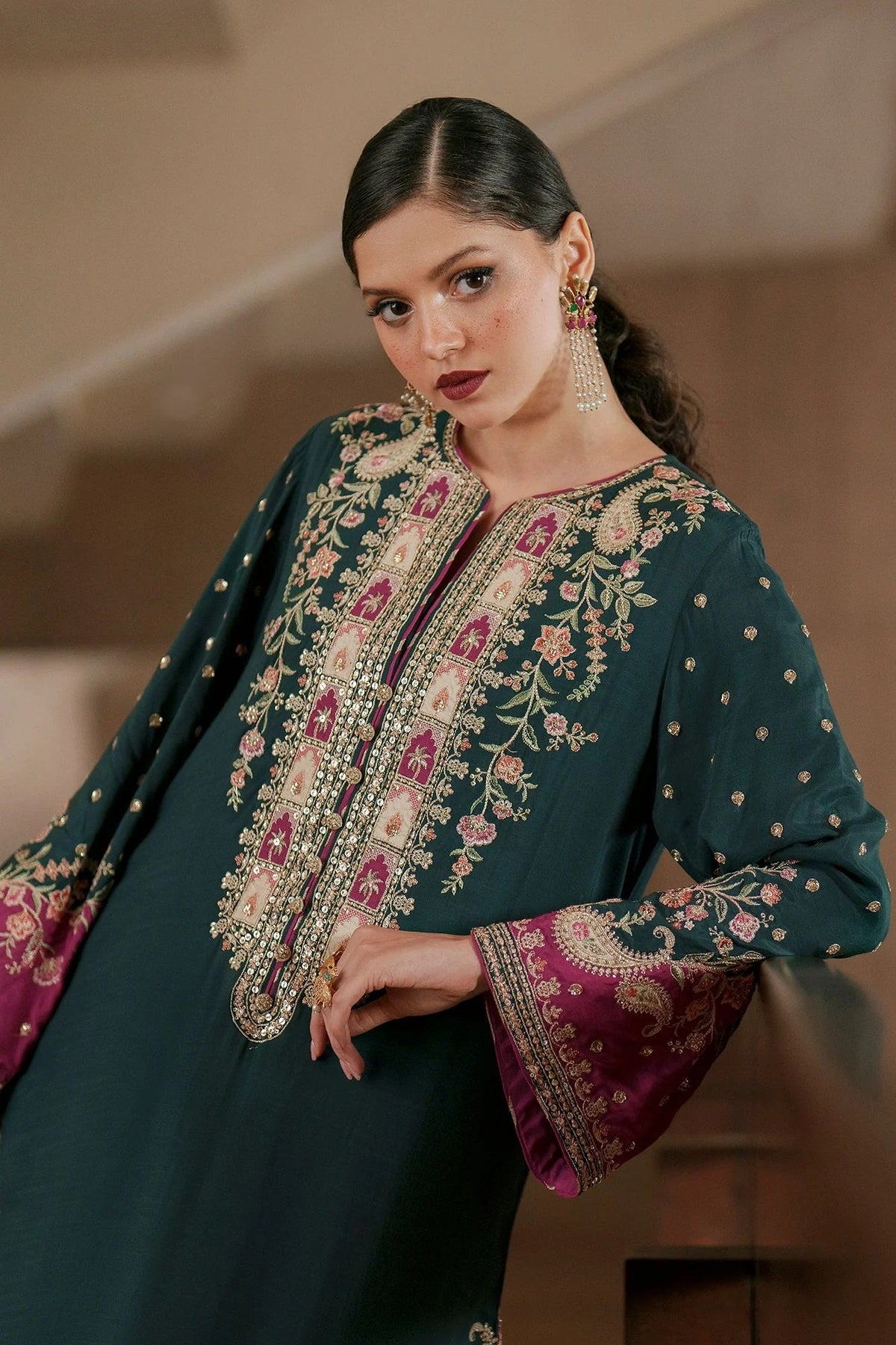 Embroidered Kaftaan Charmeuse Silk 3 Piece Unstitched Suit