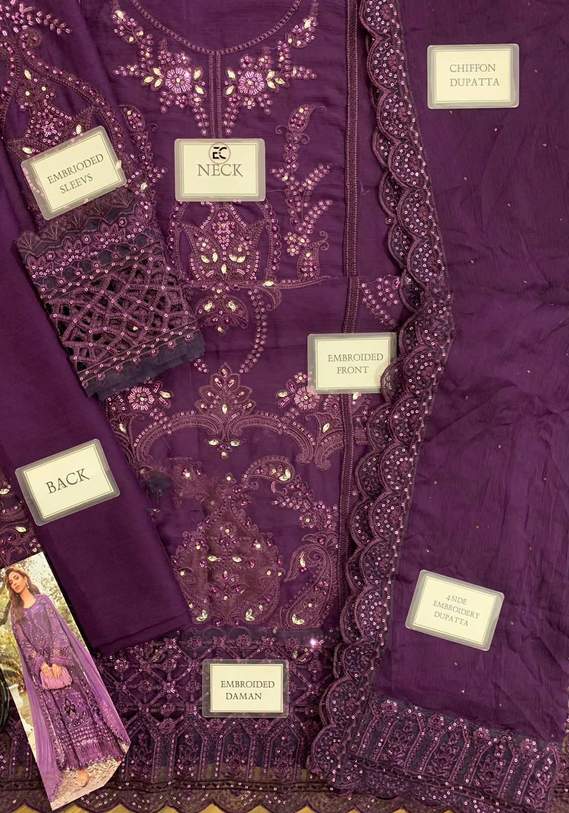 Embroidered Chiffon 3 Piece Unstitched Suit MBC-102 - Party Wear