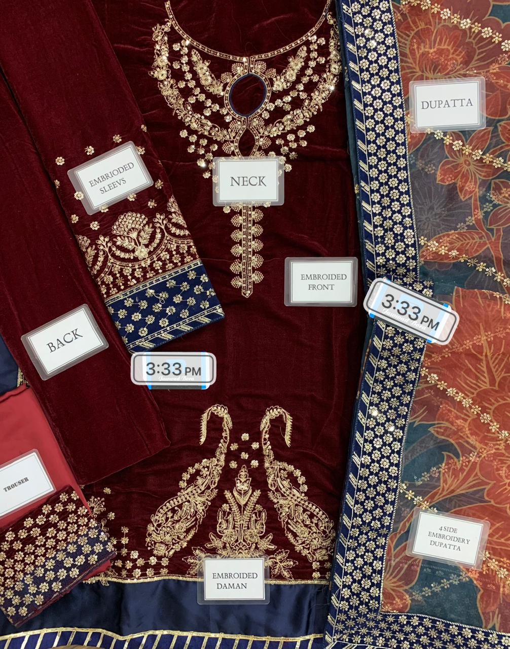 Mehroon Embroidered Unstitched 3 Piece Velvet Suit JV-2038 - Party Wear