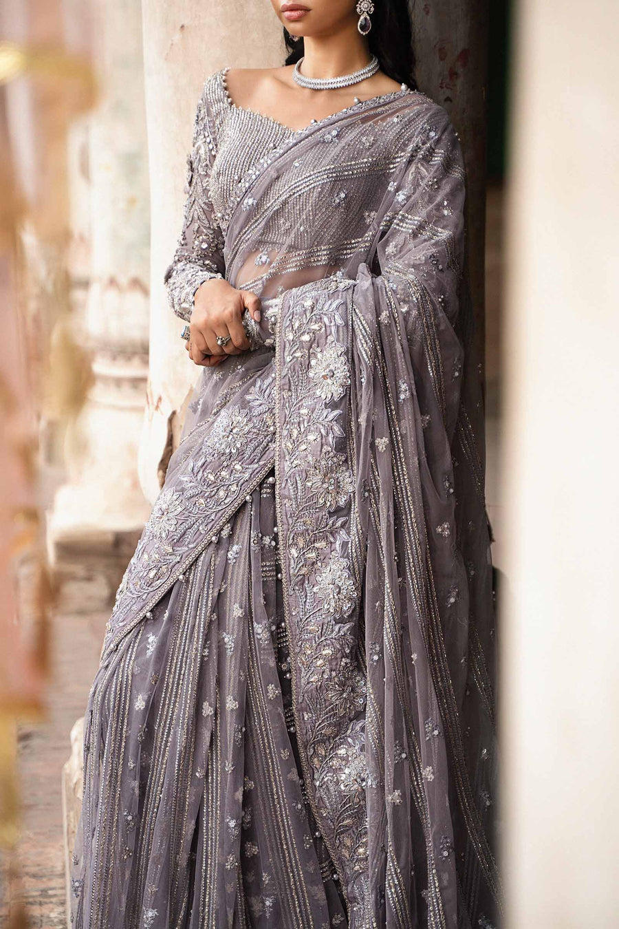 Luxury Net Embroidered Unstitched Saree Ifora -Party Wear