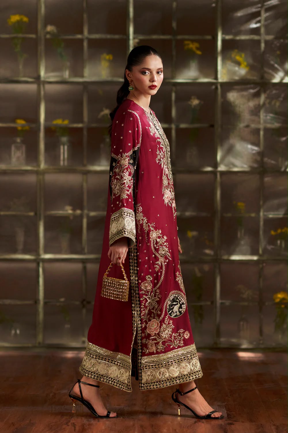 Red Kaftaan Charmeuse Silk 3 Piece Unstitched Suit EK-E1149/104/418 - Party Wear