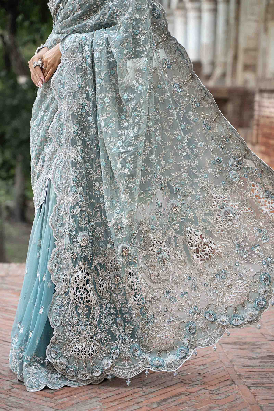 Sky Blue Embroidered Unstitched Soft Net Saree - Party Wear
