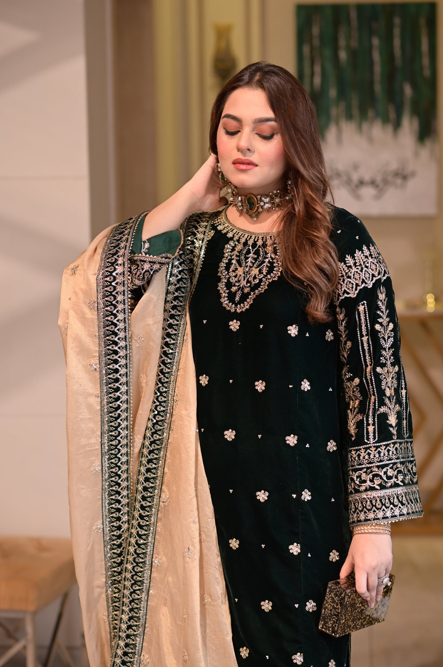 Green Velvet Unstitched Embroidered 3 Piece Suit ANL - Party Wear