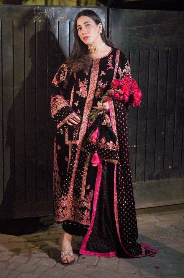 Black Luxury Velvet Suit 3 Piece Unstitched - Oceans