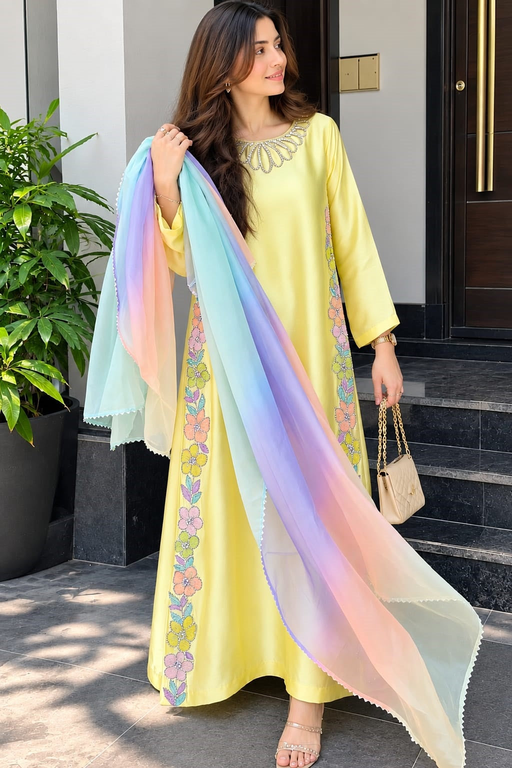 Yellow Silk Formal Kaftan Collection 3 Piece Unstitched Dress