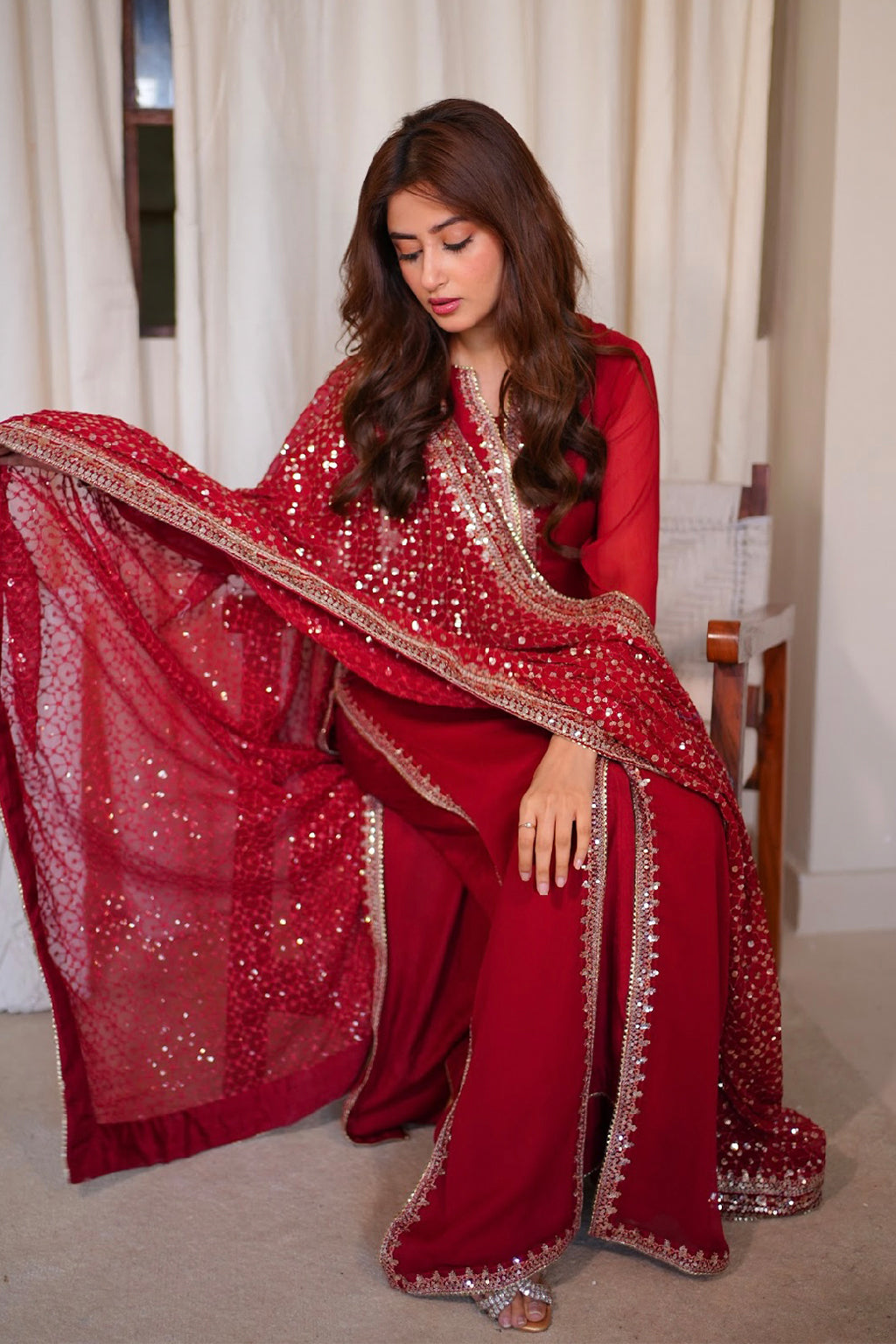 Red Embroidered Chiffon Wedding Dress