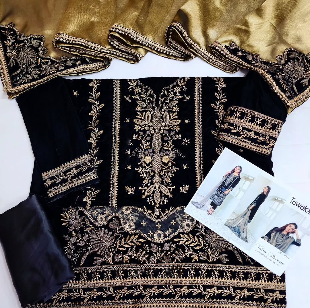 Blue Luxury Velvet Dress Embroidered 3 Piece Unstitched