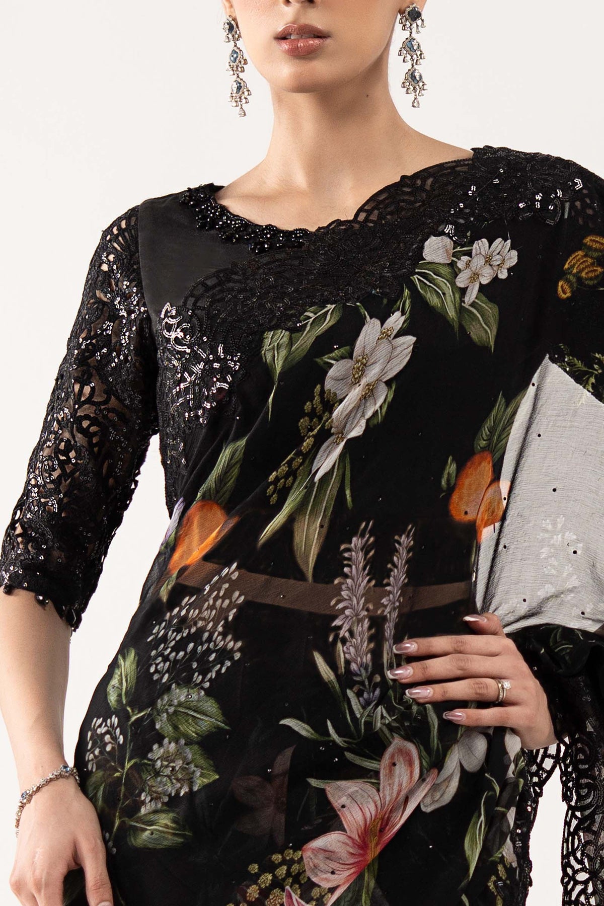 Black Chiffon Embroidered Unstitched Saree -Party Wear