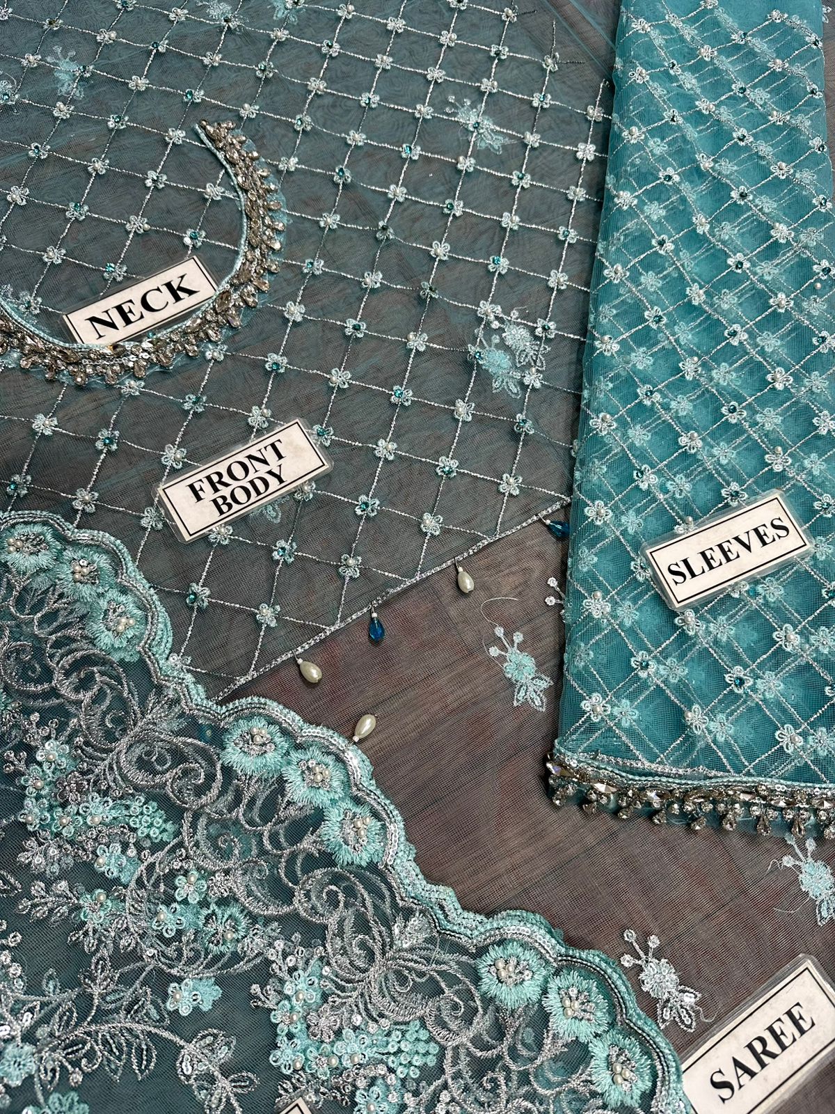 Sky Blue Embroidered Unstitched Soft Net Saree - Party Wear