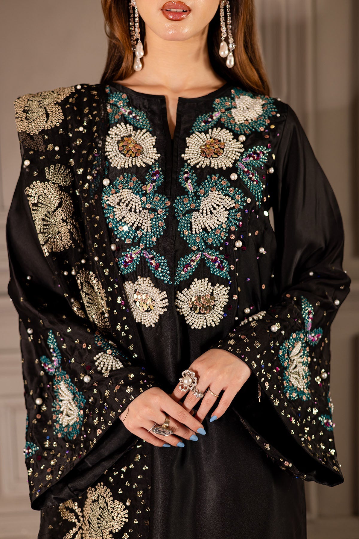 Black Raw Silk 3 Piece Unstitched - Party Wear