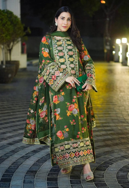 Green Printed Silk 3 Piece Unstitched Suit ACL-LUX-15-25 - Party Wear