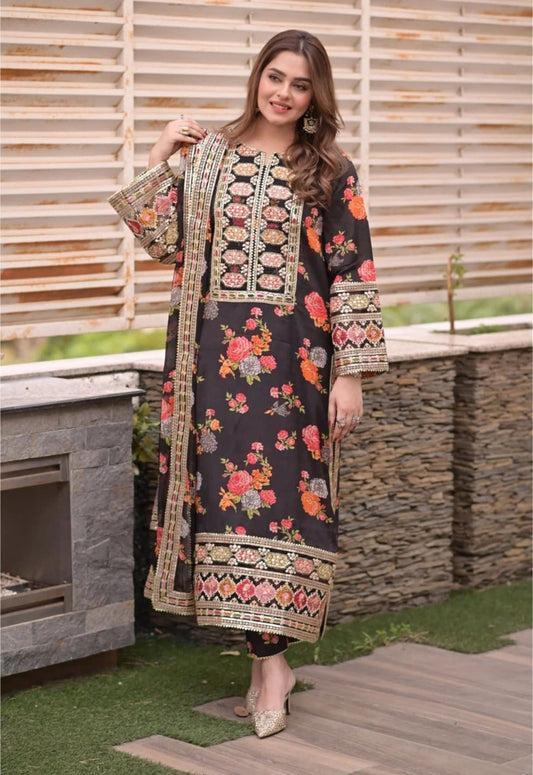 Black Printed Silk 3 Piece Unstitched Suit ACL-LUX-15-25 - Party Wear