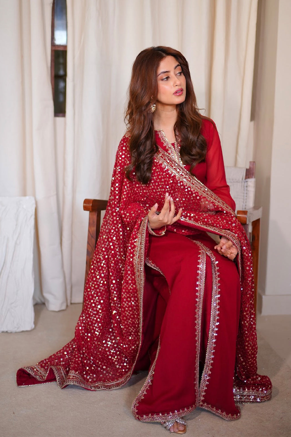 Red Embroidered Chiffon Wedding Dress
