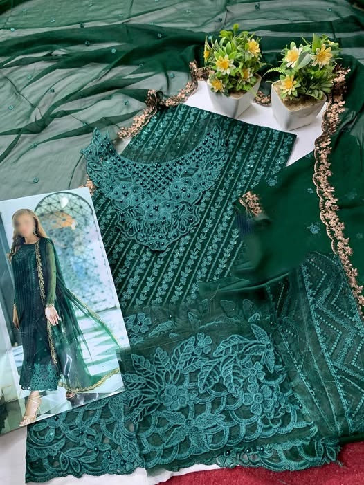 Embroidered Dark Green Luxury Chiffon Dress