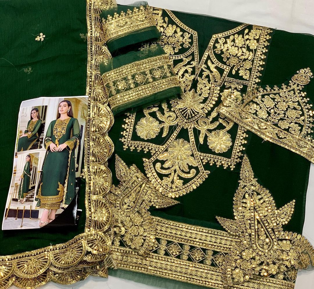Bottle Green Embroidered Unstitched 3 Piece Chiffon Suit - Party Wear