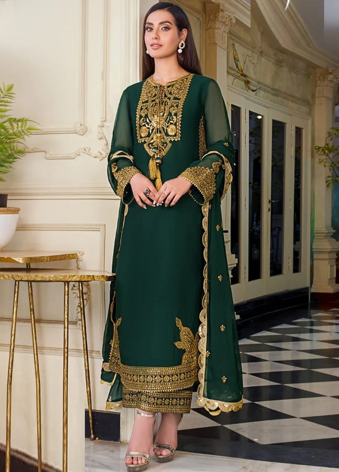 Bottle Green Embroidered Unstitched 3 Piece Chiffon Suit - Party Wear
