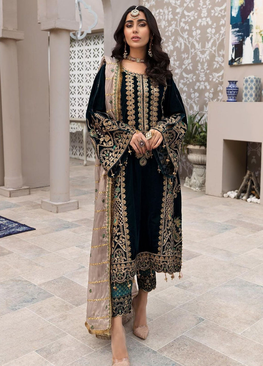 Black Embroidered Unstitched 3 Piece Velvet Suit