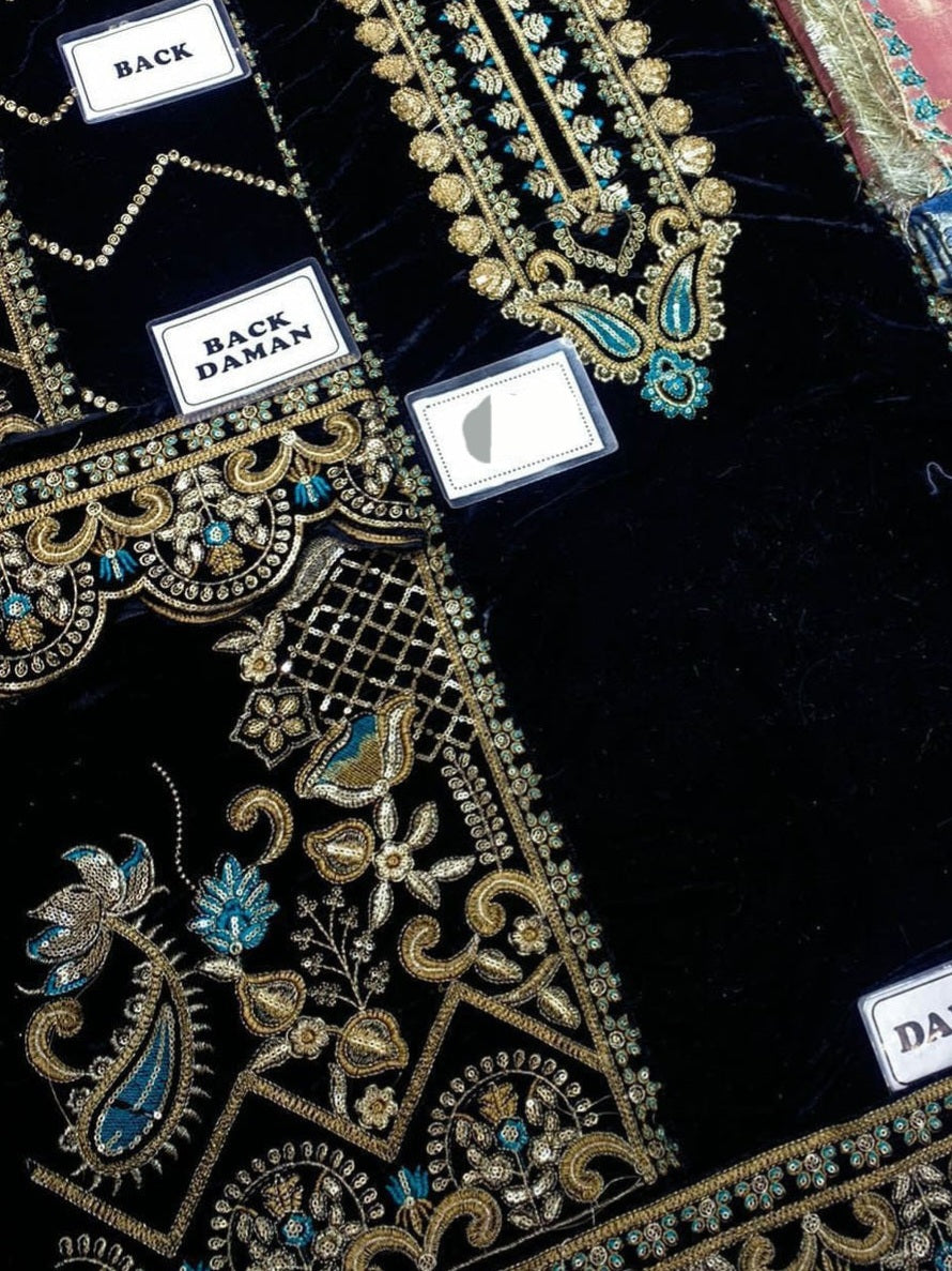 Black Embroidered Unstitched 3 Piece Velvet Suit