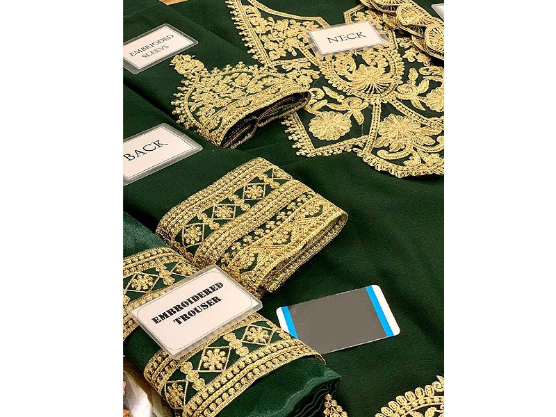 Bottle Green Embroidered Unstitched 3 Piece Chiffon Suit - Party Wear