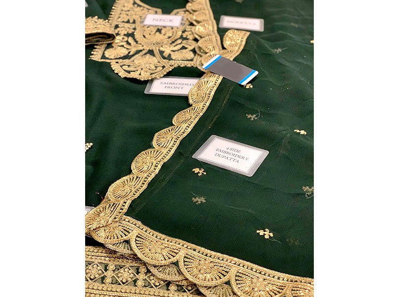Bottle Green Embroidered Unstitched 3 Piece Chiffon Suit - Party Wear
