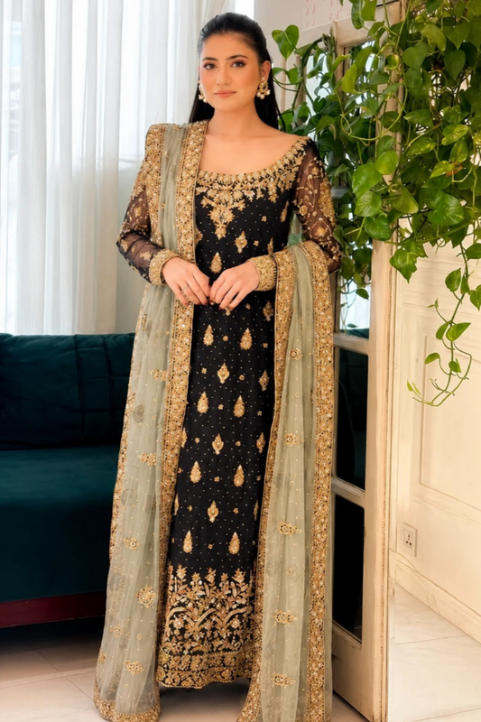 Bridal HandWork Black Chiffon Embroidered 3 Piece Unstitched Dress - Party Wear