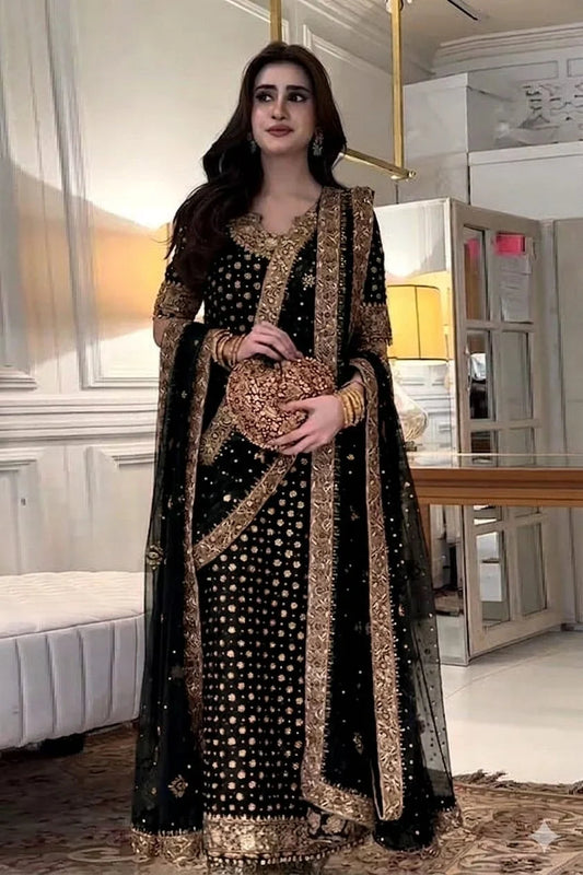 Black Bridal Chiffon Hand Embellished & Embroidered 3Pc Dress Unstitched