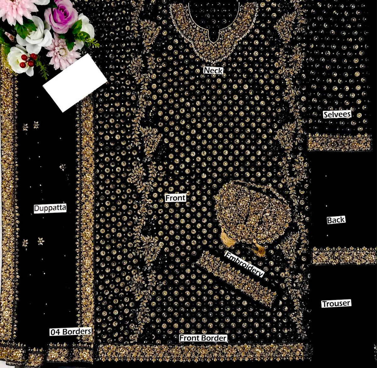 Black Bridal Chiffon Hand Embellished & Embroidered 3Pc Dress Unstitched
