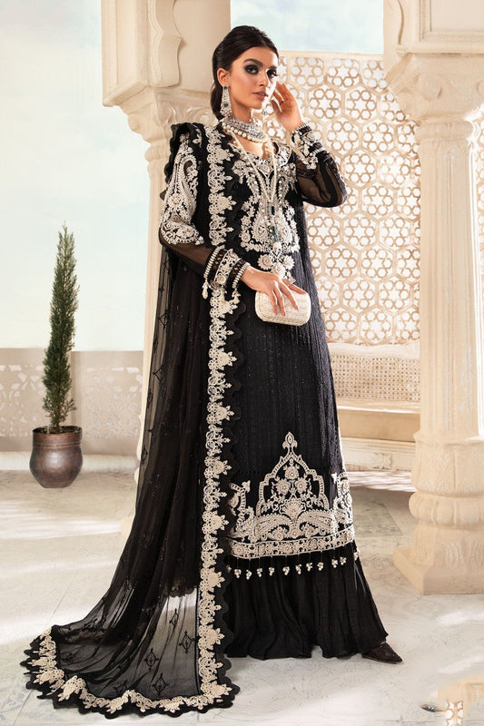 Black 3D Embroidered Unstitched 4 Piece Chiffon Suit -MPC-22-204- Party Wear